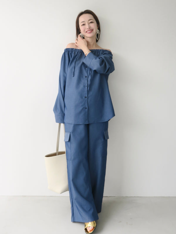 denim like drawstring off shoulder