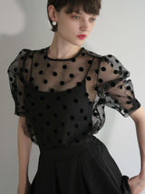 SHEER PUFF SHOULDER DOT BLOUSE