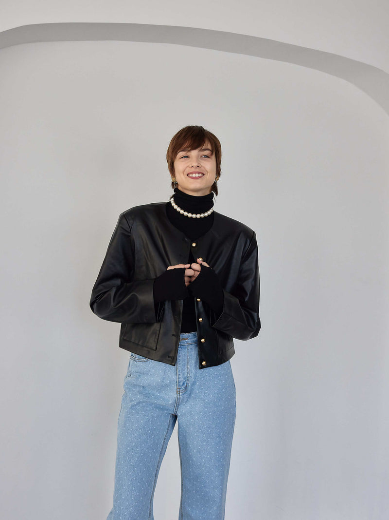 GOLD BUTTON ECO LEATHER JACKET