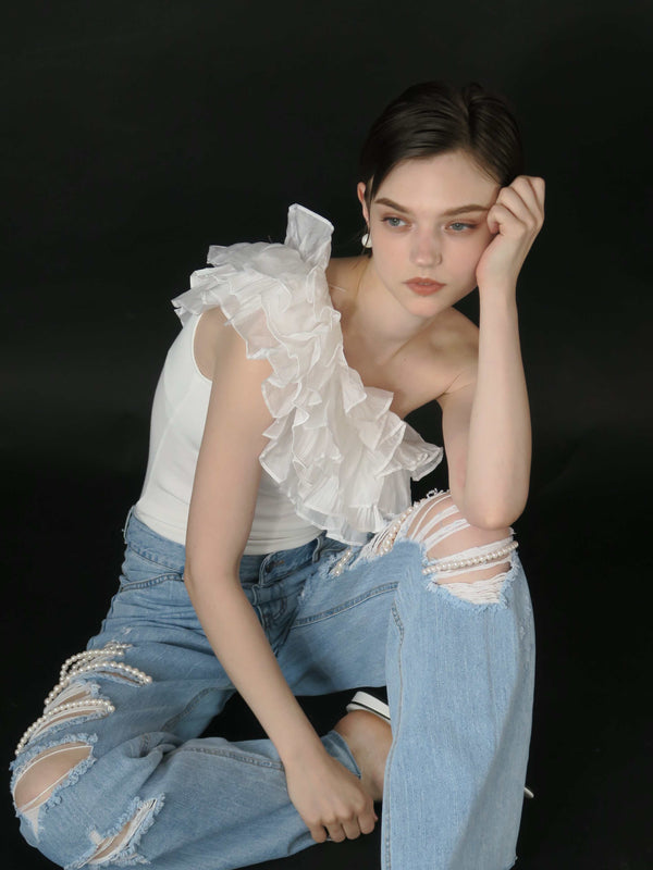 FRILL ONE SHOULDER TOPS (IVORY)