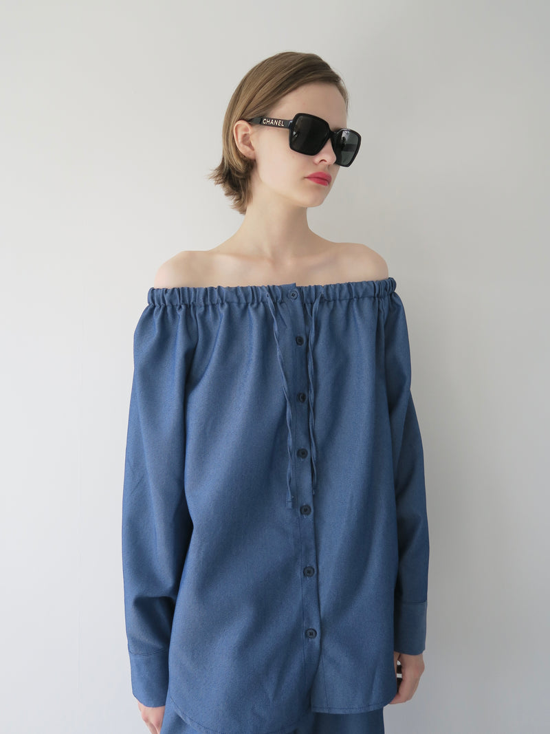 denim like drawstring off shoulder