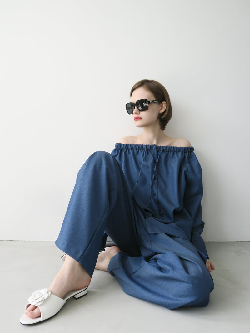 denim like drawstring off shoulder