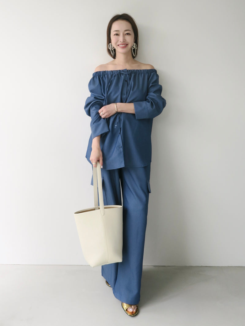 denim like drawstring off shoulder