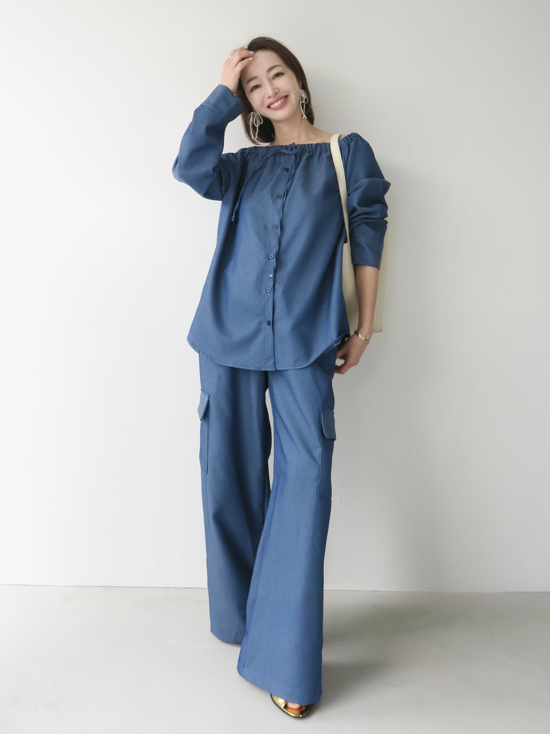 denim like drawstring off shoulder