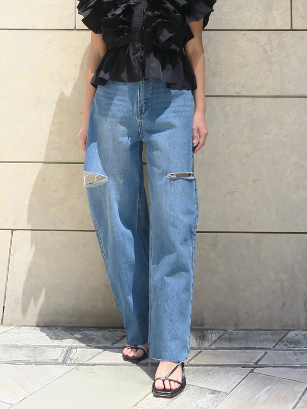 DAMAGED DENIM PANTS ( DARK BLUE )