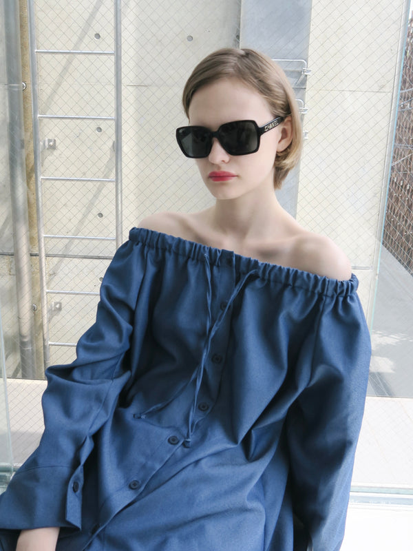 denim like drawstring off shoulder