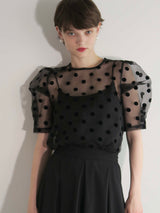 sheer puff shoulder dot blouse