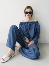 denim like drawstring off shoulder